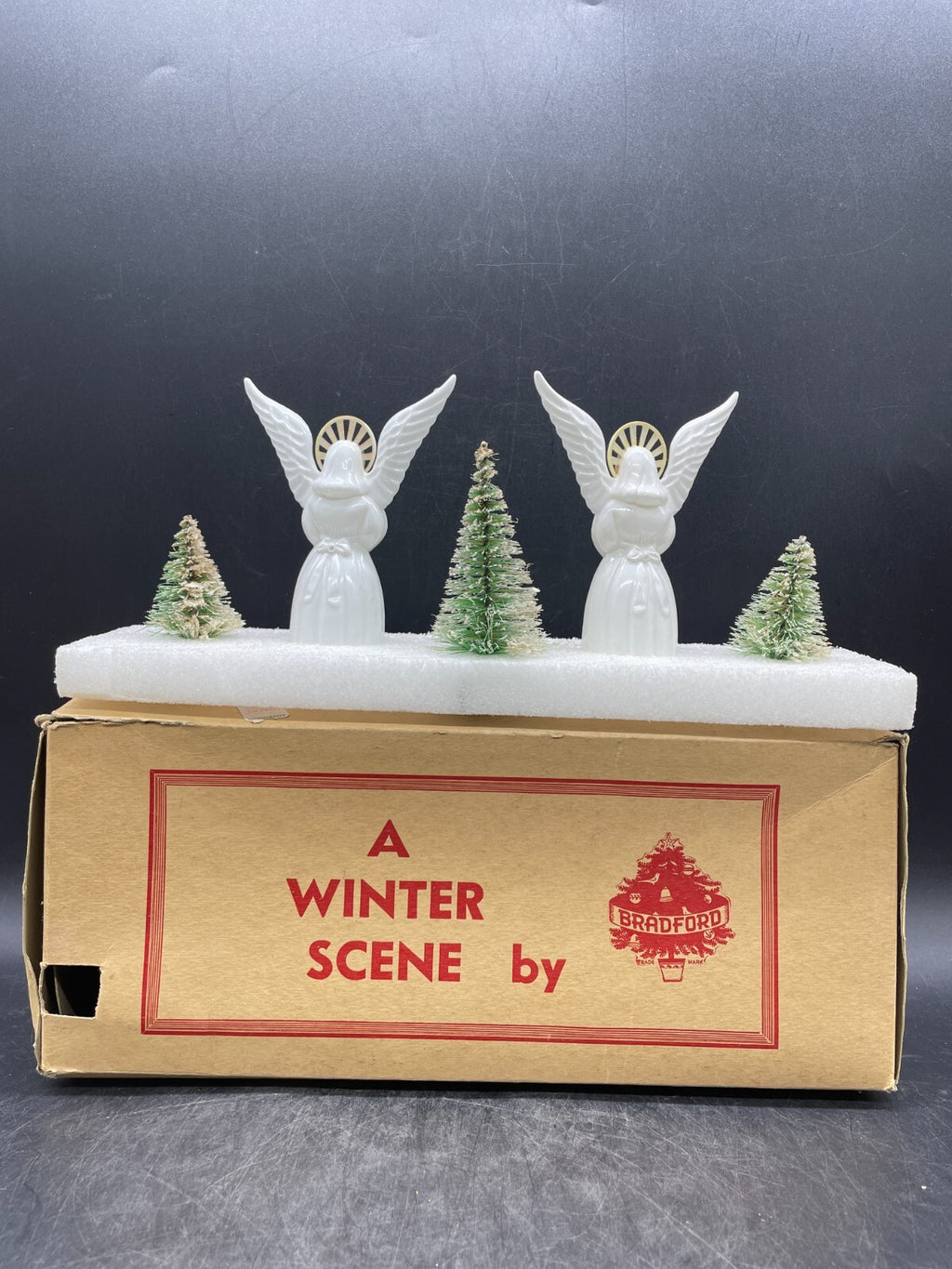 Vintage 1950s Bradford Winter Scene Christmas Angels Figurine - Boxed Hard Plastic 12"