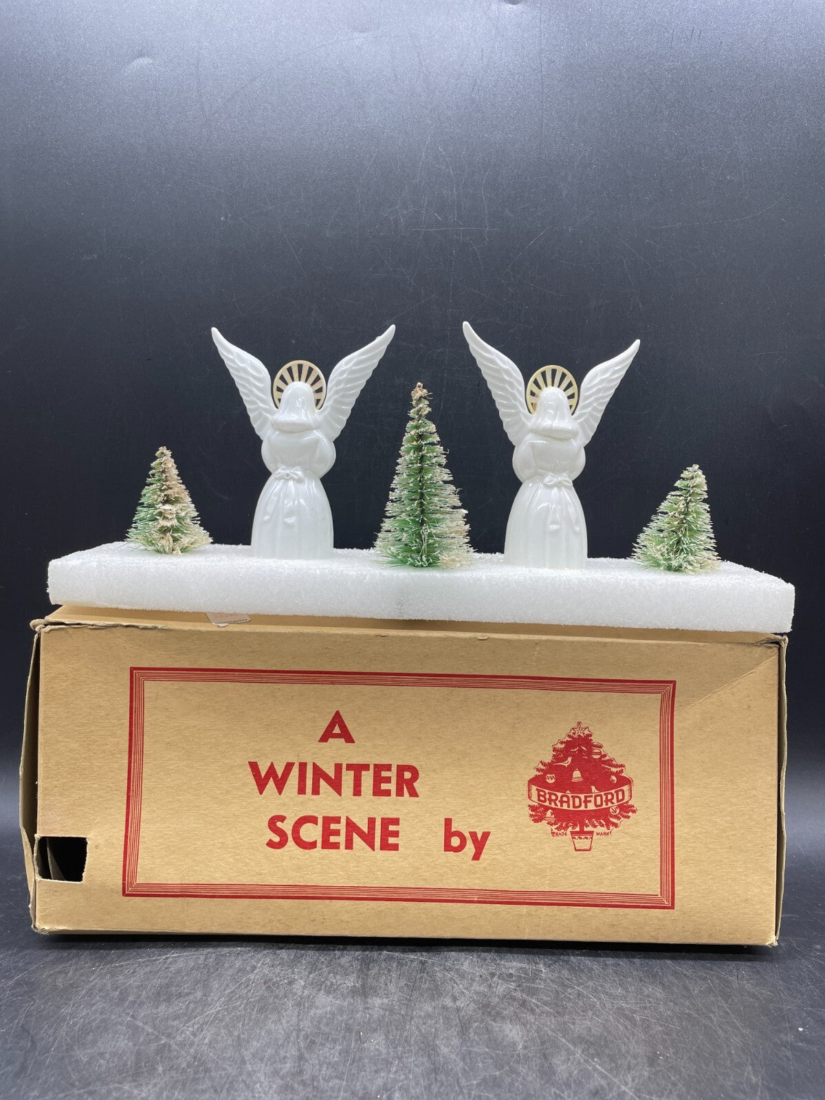 Vintage 1950s Bradford Winter Scene Christmas Angels Figurine - Boxed Hard Plastic 12"