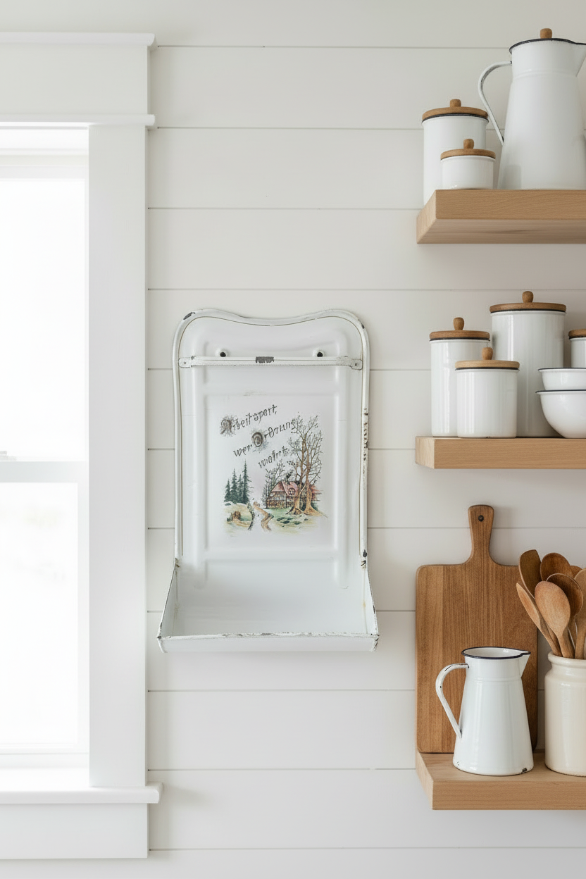 Antique 1930s German White Enamelware Utensil Holder - Vintage Kitchen Organizer 20" x 12"