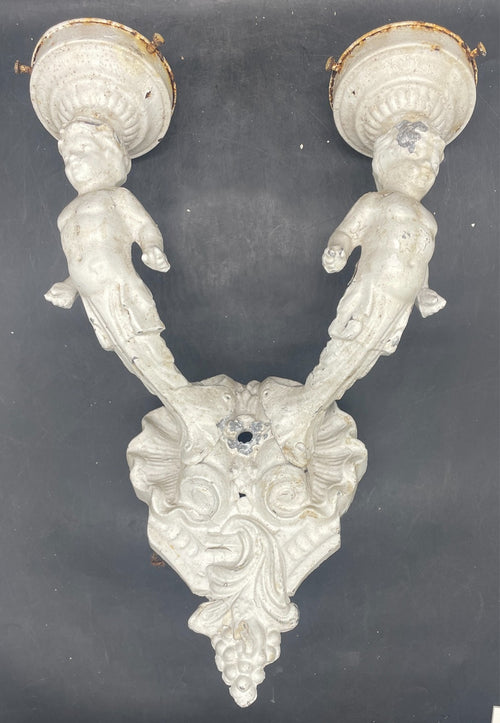 Antique Cherub Angel Wall Sconce Lights - Cast Metal Pair 15" Tall