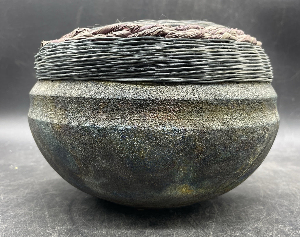 Vintage Raku Pottery Vase/Pot with Woven Lid, Signed Artisan Julie 1991