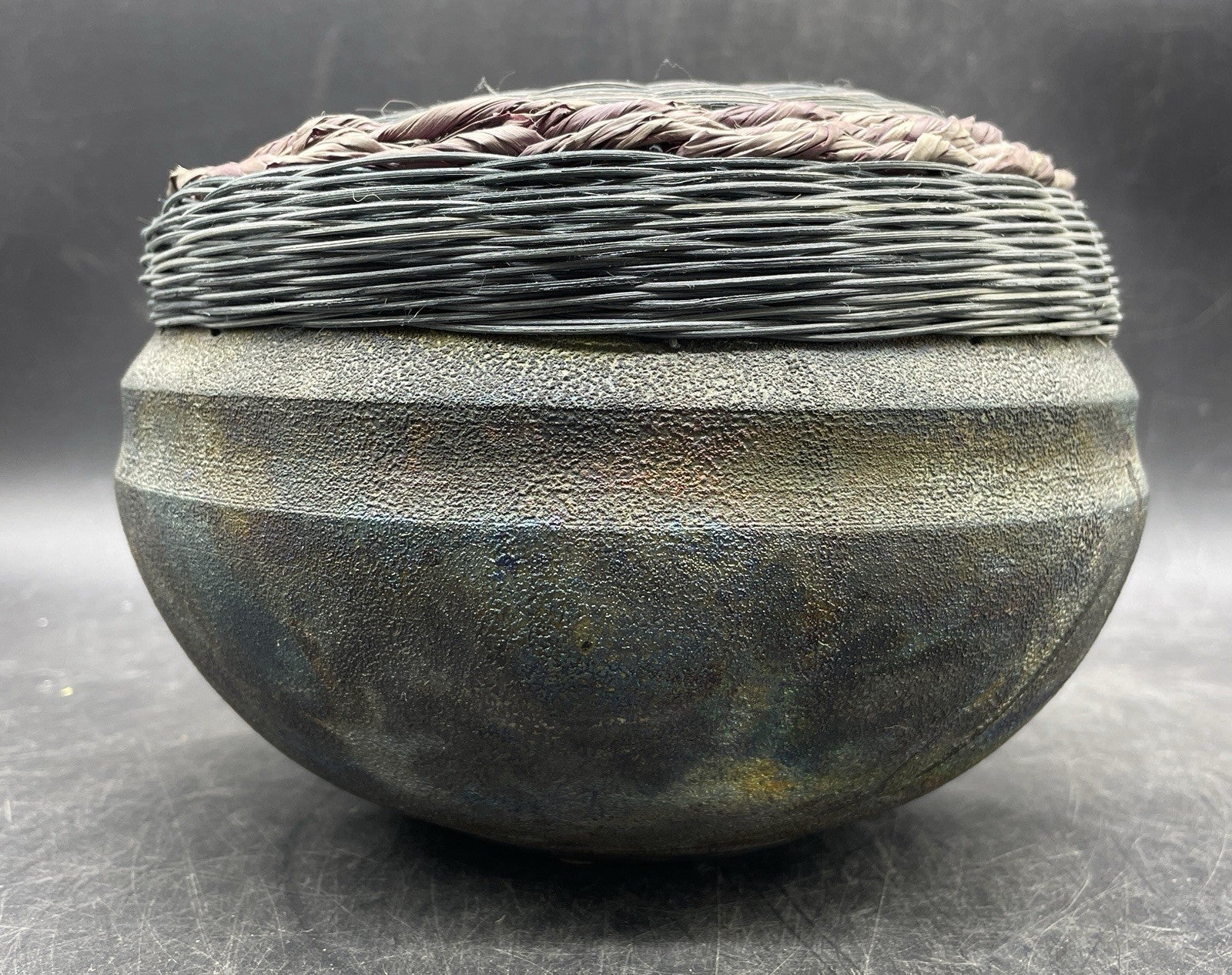Vintage Raku Pottery Vase/Pot with Woven Lid, Signed Artisan Julie 1991