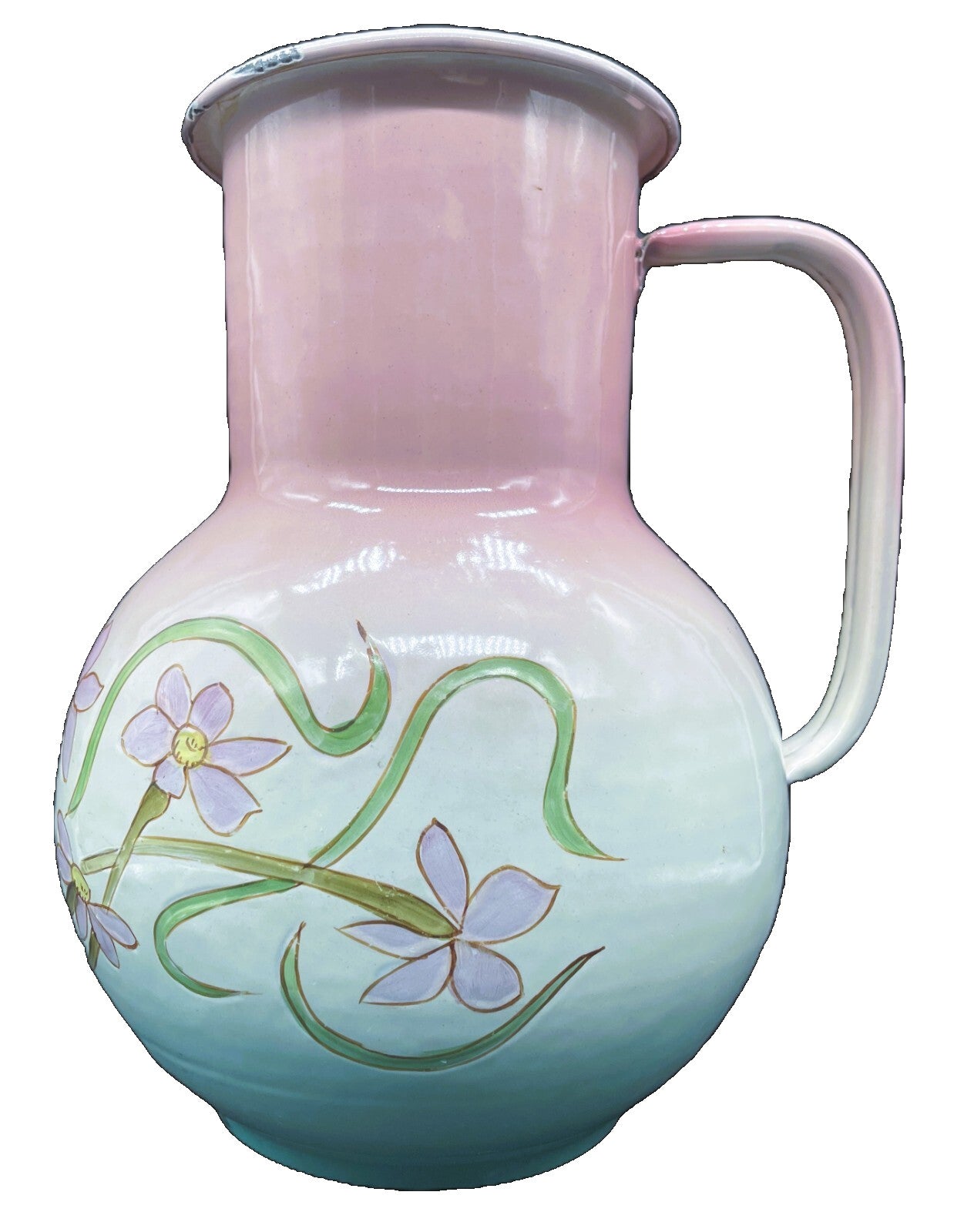 Antique French Country Enamel Pitcher - Large 11" Floral Boudoir Pitcher 1900-1919