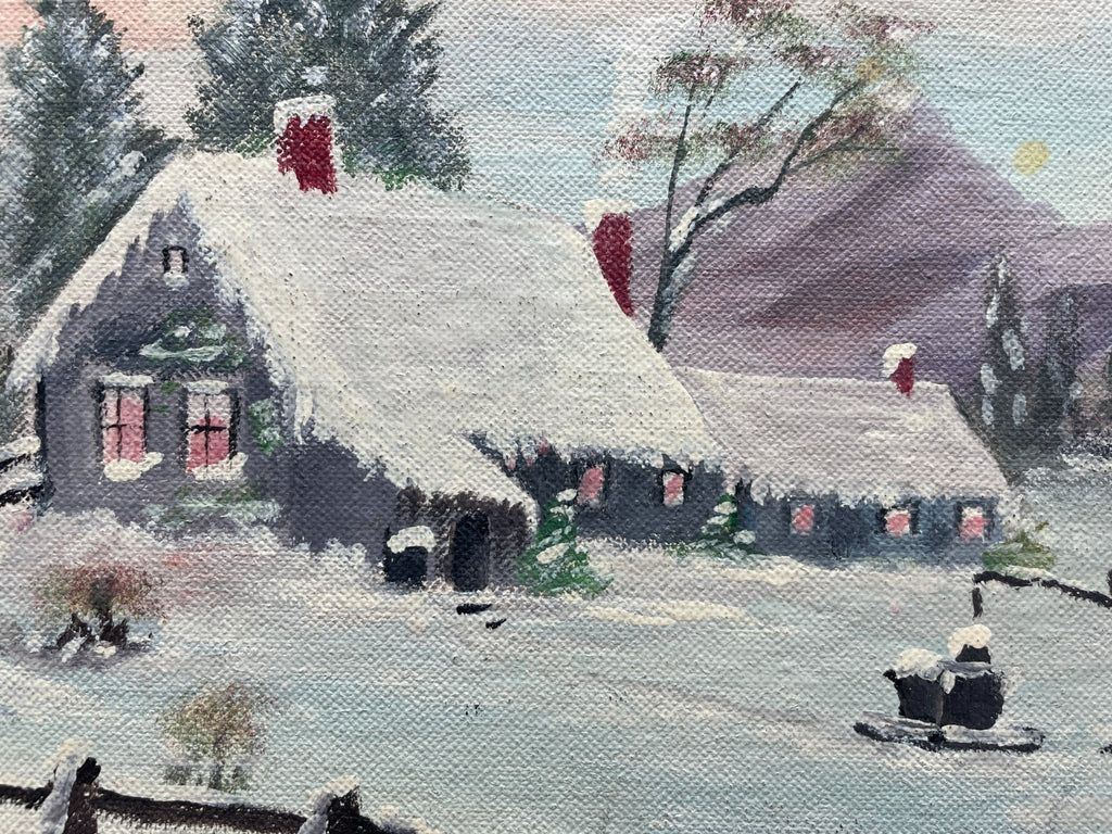 G. Davis Signed Folk Art Winter Landscape Painting - Framed Original 17" x 15"