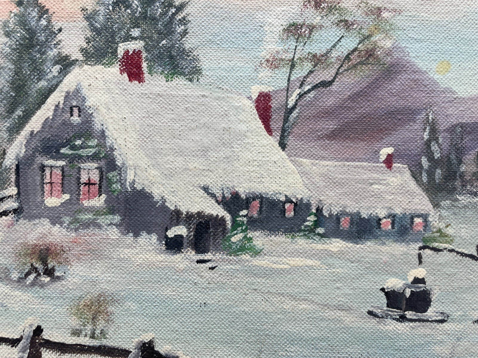 G. Davis Signed Folk Art Winter Landscape Painting - Framed Original 17" x 15"