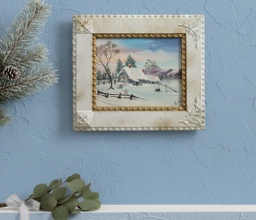 G. Davis Signed Folk Art Winter Landscape Painting - Framed Original 17" x 15"