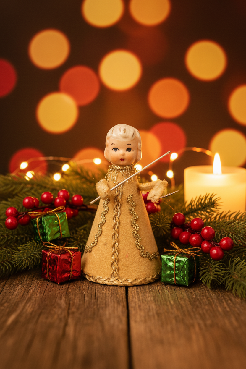 Vintage Cardboard Ceramic Head Primitive Angel Putz Figurine Christmas Ornament