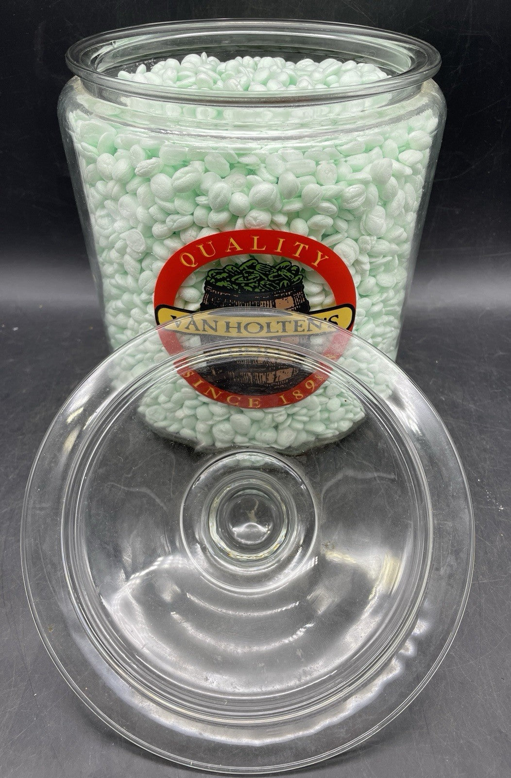 Vintage Van Holten's Glass Pickle Jar Large Keg Barrel Lid Cookie Jar