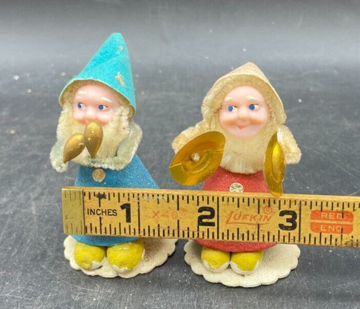Vintage 1950s Japanese Chenille Putz Musician Elf Ornaments - Set of 2