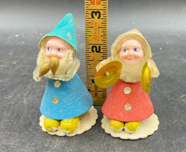 Vintage 1950s Japanese Chenille Putz Musician Elf Ornaments - Set of 2