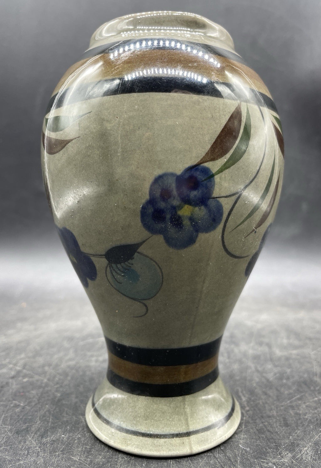 Studio Signed Art Pottery Vase - Handmade Floral Design Blue & Neutral 5.5"