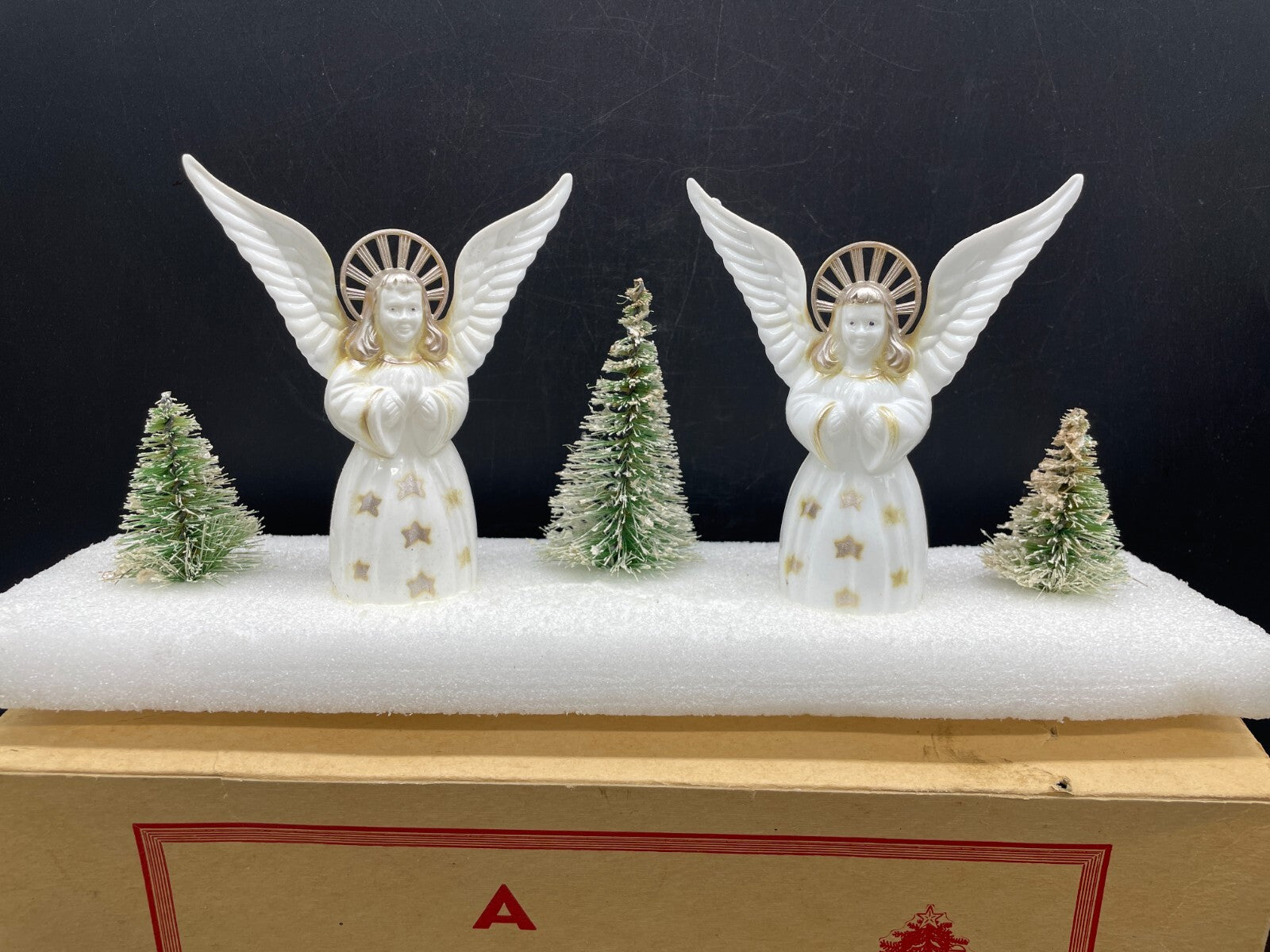 Vintage 1950s Bradford Winter Scene Christmas Angels Figurine - Boxed Hard Plastic 12"