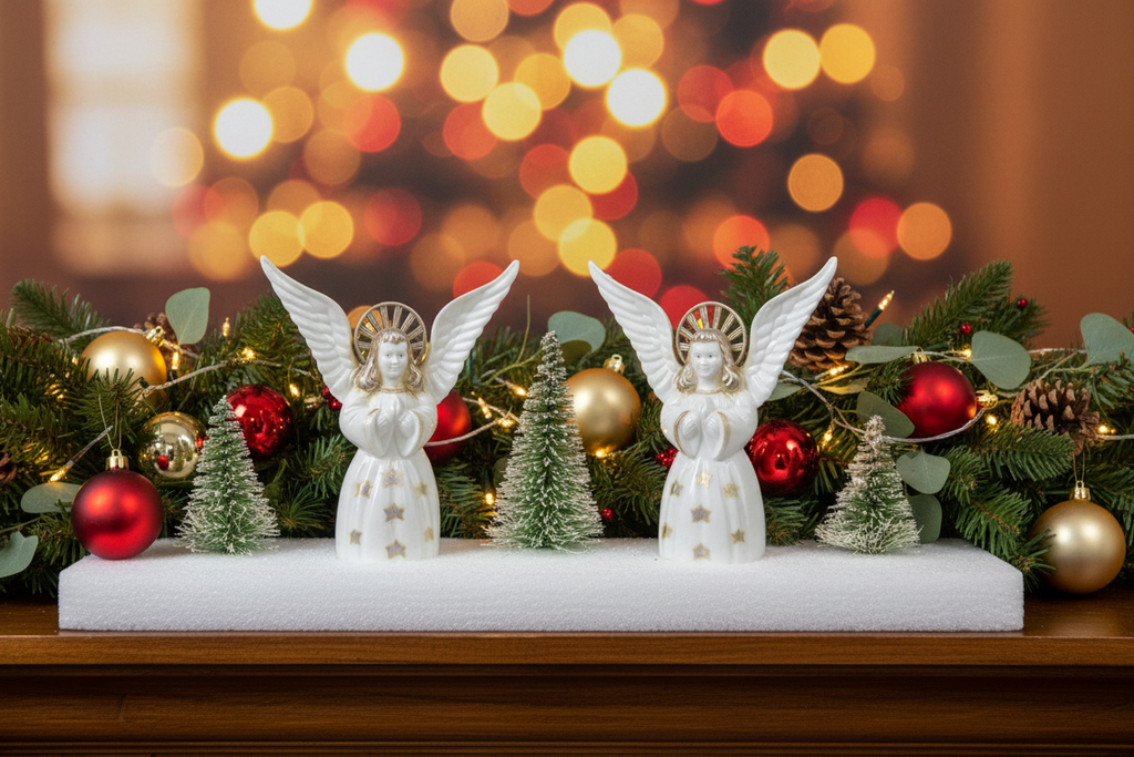 Vintage 1950s Bradford Winter Scene Christmas Angels Figurine - Boxed Hard Plastic 12"