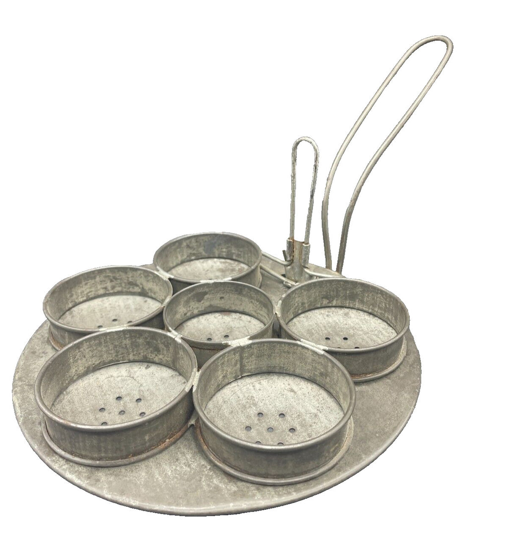 Antique Tin Poached Egg Maker - 1900s Primitive Kitchen Tool with 6 Rings