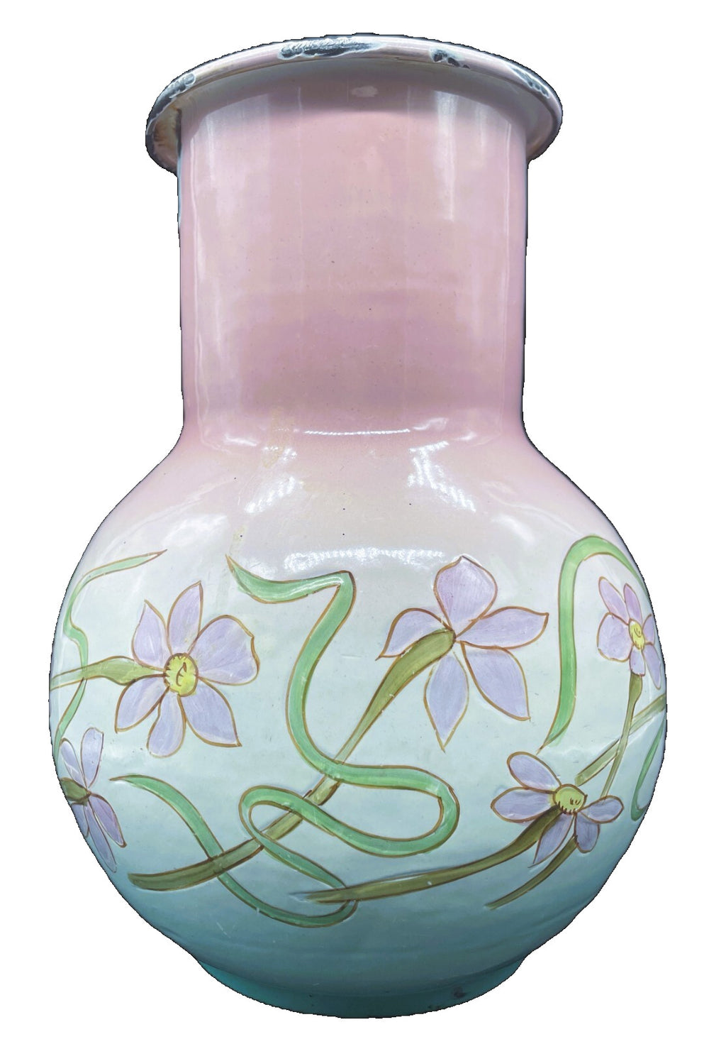 Antique French Country Enamel Pitcher - Large 11" Floral Boudoir Pitcher 1900-1919