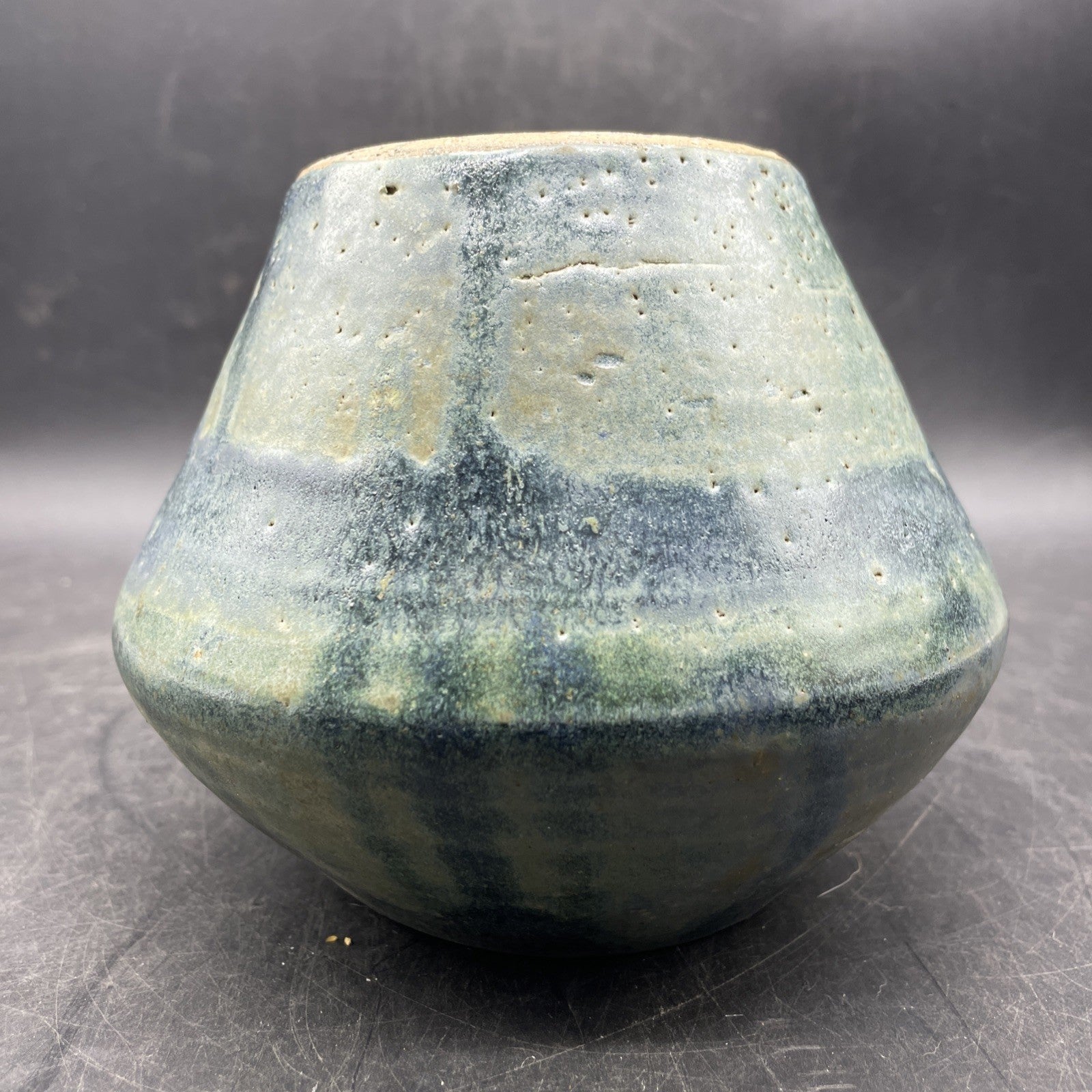 Vintage Signed Art Pottery Vase 5" x 6" Aqua Blue Green