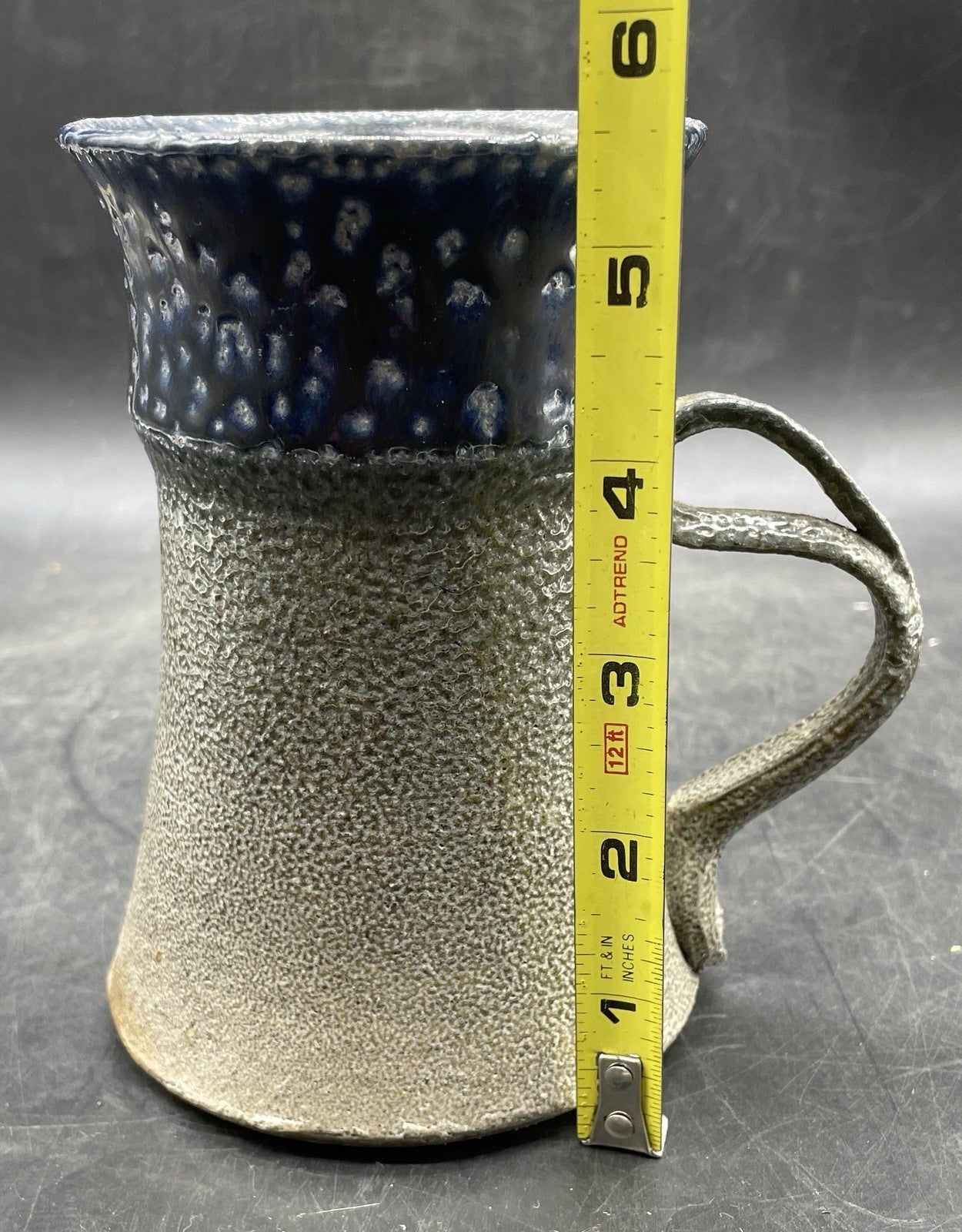 Signed Studio Art Pottery Mug with Double Curved Handle - Multicolor Stoneware