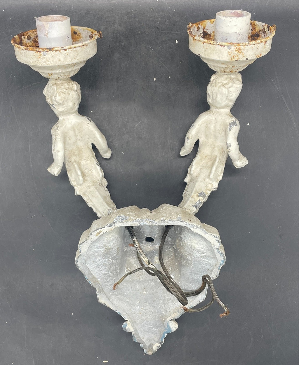 Antique Cherub Angel Wall Sconce Lights - Cast Metal Pair 15" Tall