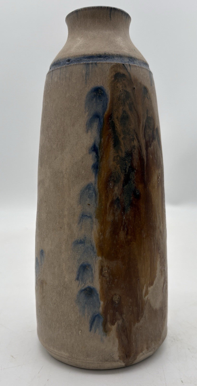Franklin Signed Raku Pottery Bowl Taupe Blue Copper Studio Art Ceramic