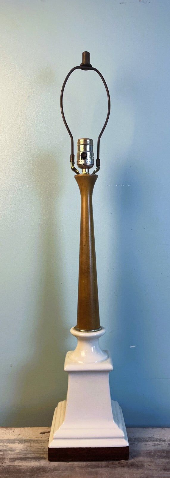 Vintage Mid-Century Modern Table Lamp Teak Wood Ceramic Retro Tall Neoclassic MCM