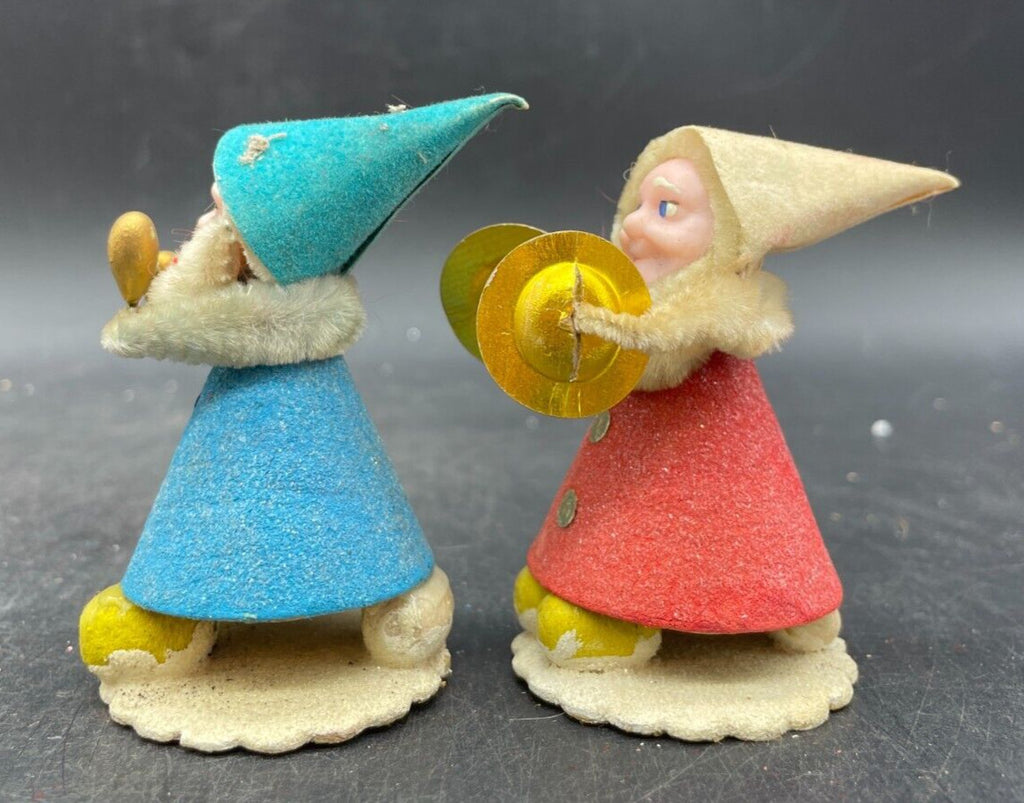 Vintage 1950s Japanese Chenille Putz Musician Elf Ornaments - Set of 2