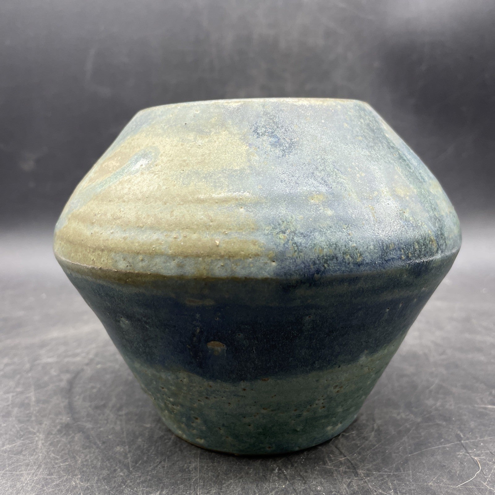 Vintage Signed Art Pottery Vase 5" x 6" Aqua Blue Green