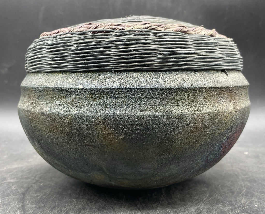 Vintage Raku Pottery Vase/Pot with Woven Lid, Signed Artisan Julie 1991