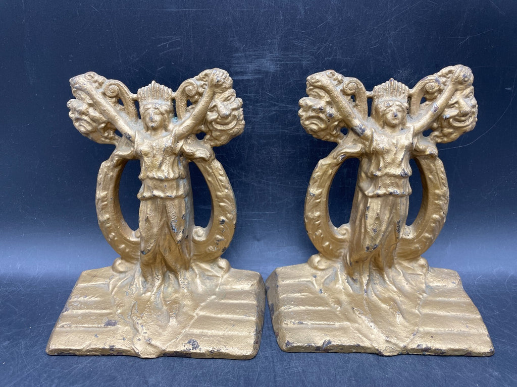 Rare 1925 Hubley Thespian Cast Iron Bookends - Drama & Comedy Theater Masks