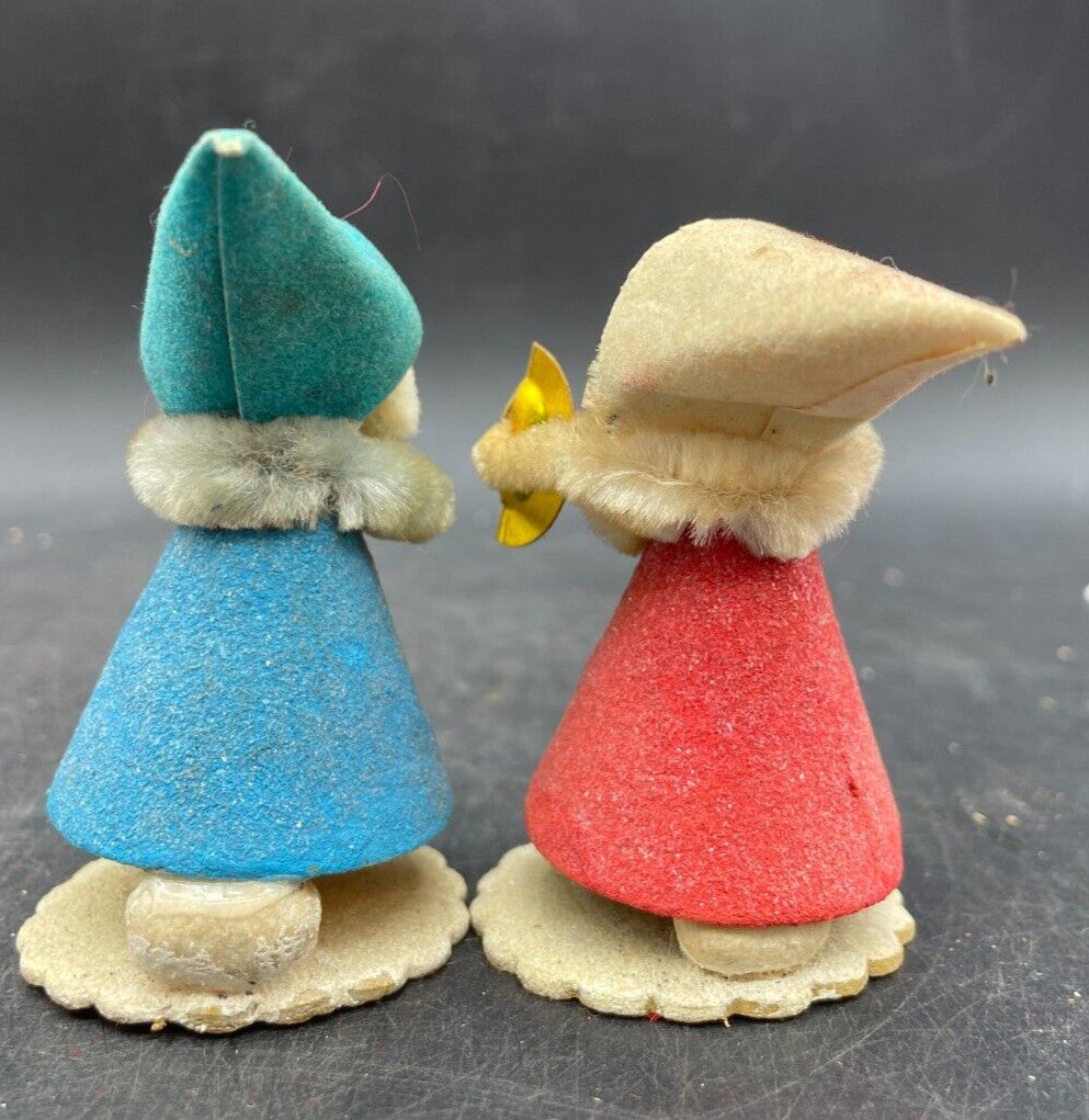 Vintage 1950s Japanese Chenille Putz Musician Elf Ornaments - Set of 2