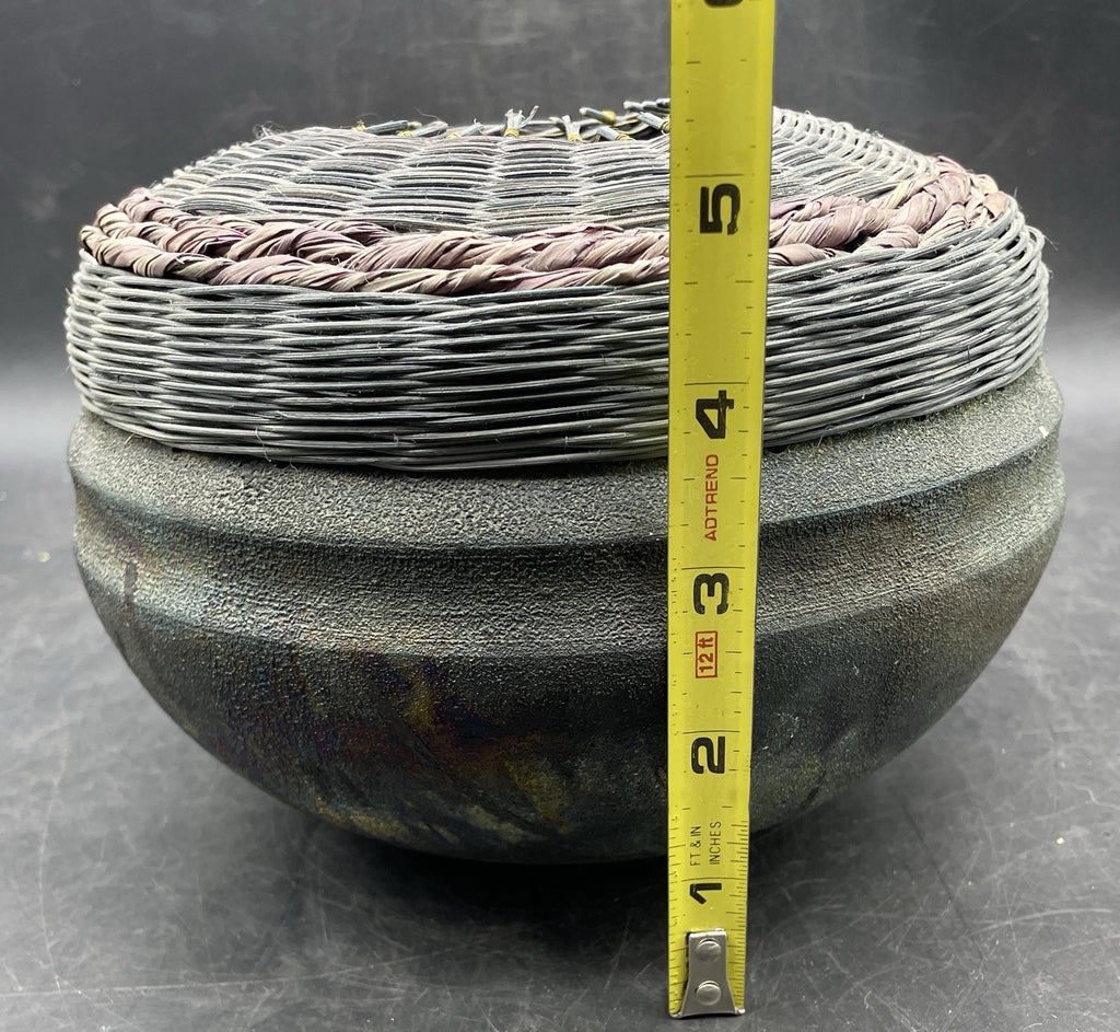 Vintage Raku Pottery Vase/Pot with Woven Lid, Signed Artisan Julie 1991