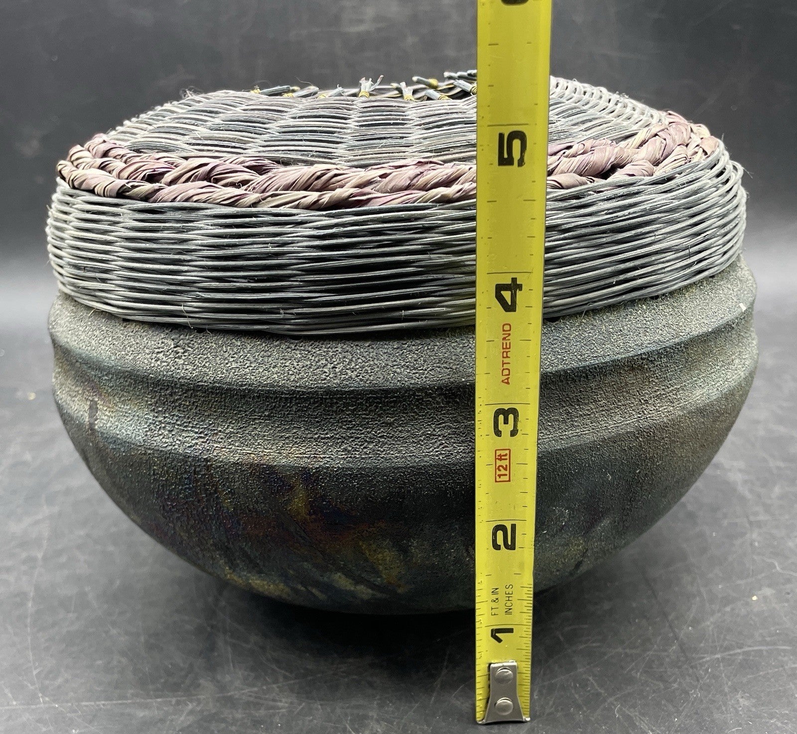 Vintage Raku Pottery Vase/Pot with Woven Lid, Signed Artisan Julie 1991