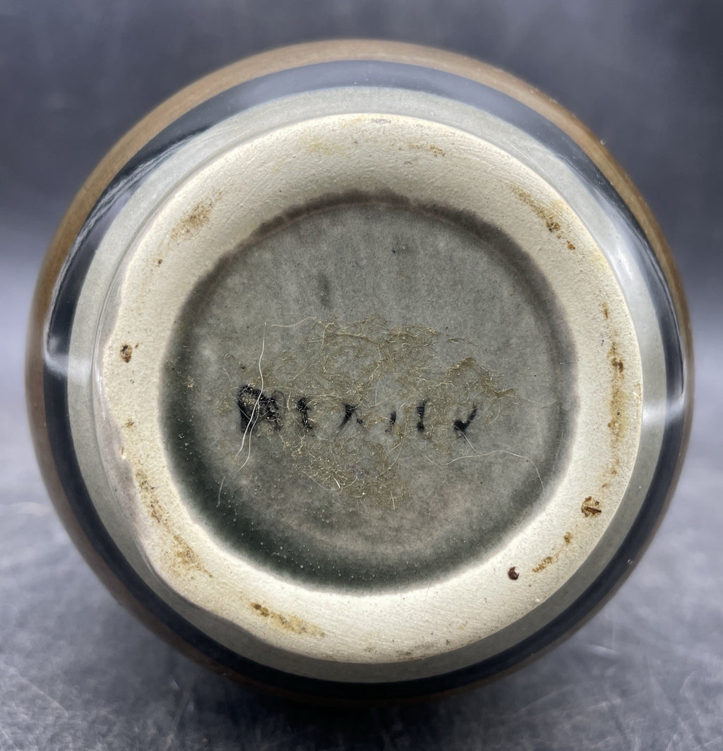Studio Signed Art Pottery Vase - Handmade Floral Design Blue & Neutral 5.5"